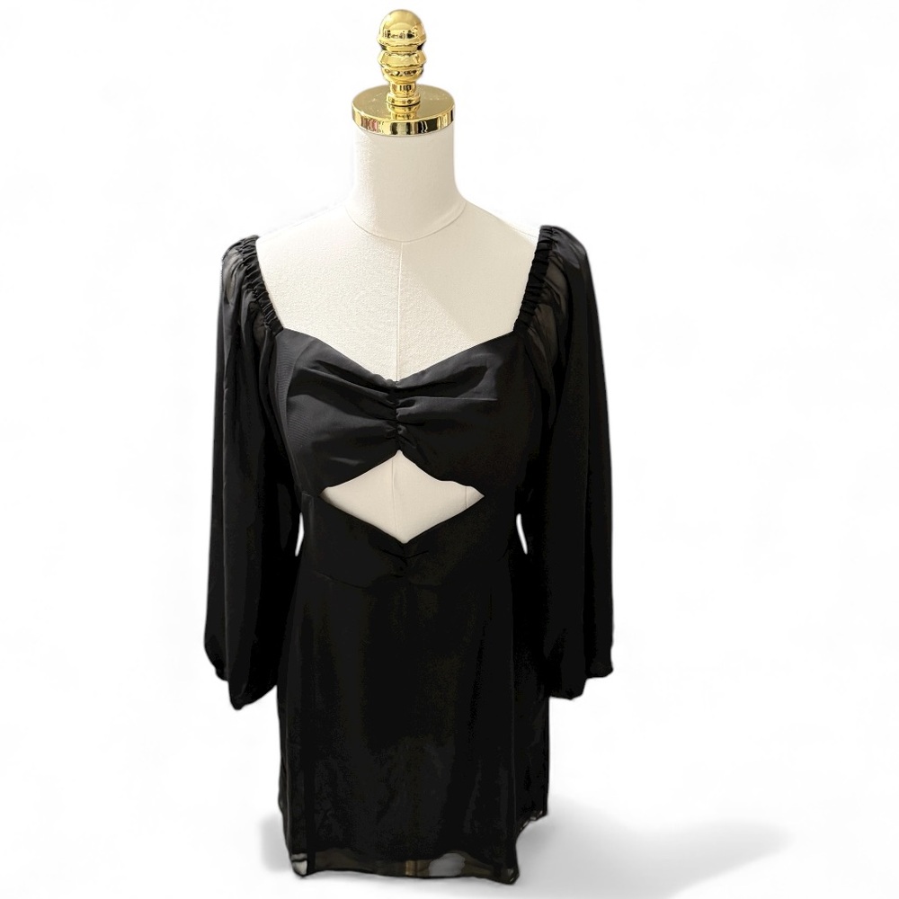 B SYDNEY Black Cutout Mini Dress Sheer Bishop Sleeve L